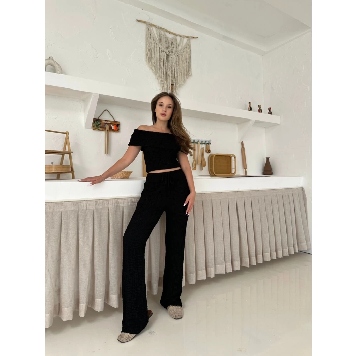 Gofre Kumaş Madonna Takım Siyah