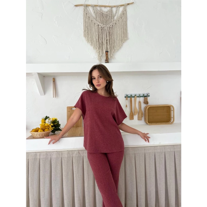 Gofre Kumaş Pantolonlu Takım Mürdüm