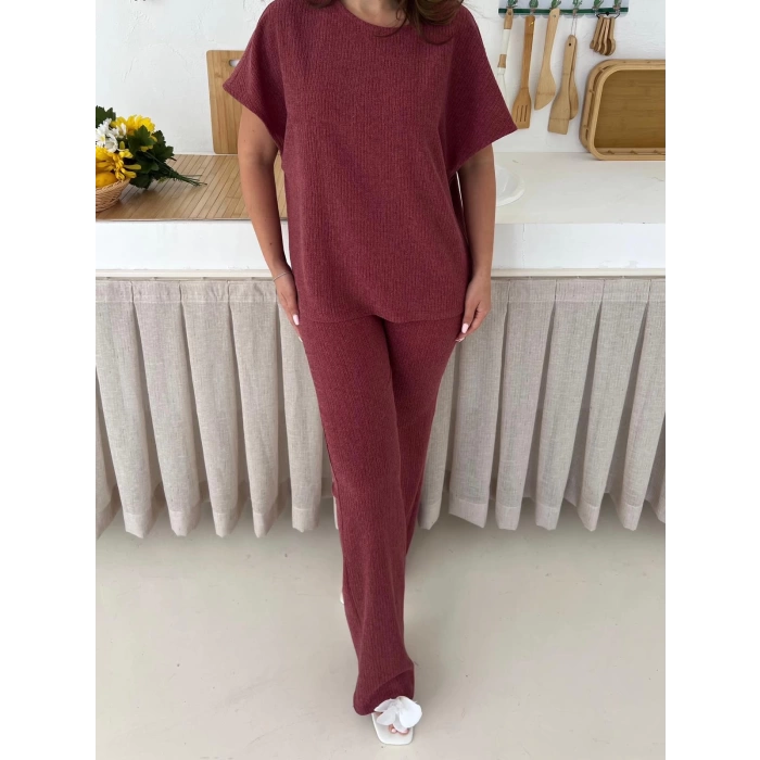Gofre Kumaş Pantolonlu Takım Mürdüm