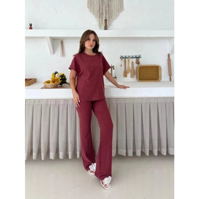 Gofre Kumaş Pantolonlu Takım Mürdüm