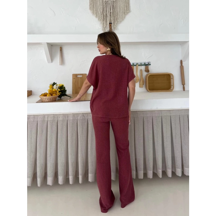 Gofre Kumaş Pantolonlu Takım Mürdüm