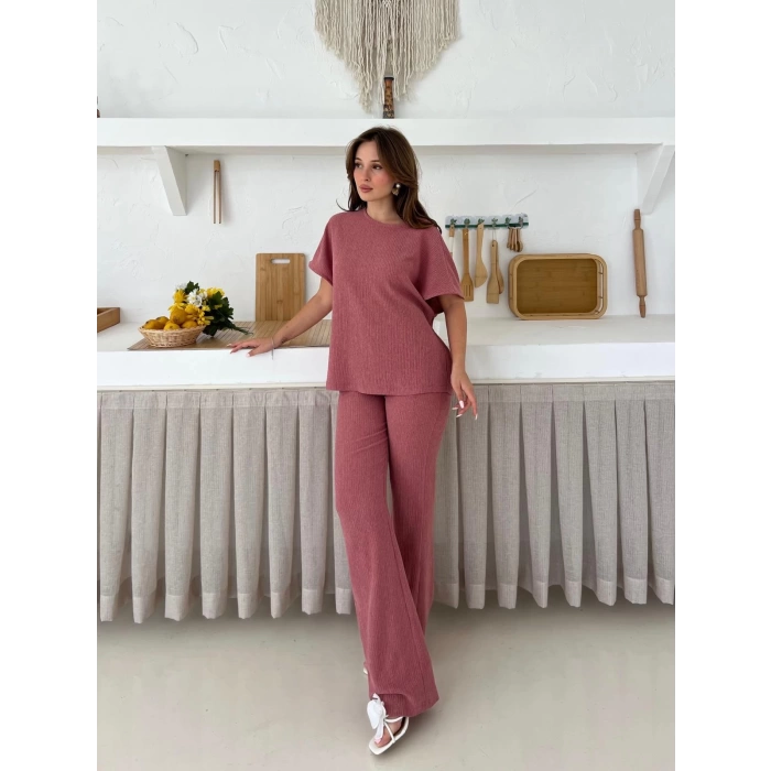 Gofre Kumaş Pantolonlu Takım Gül Kurusu