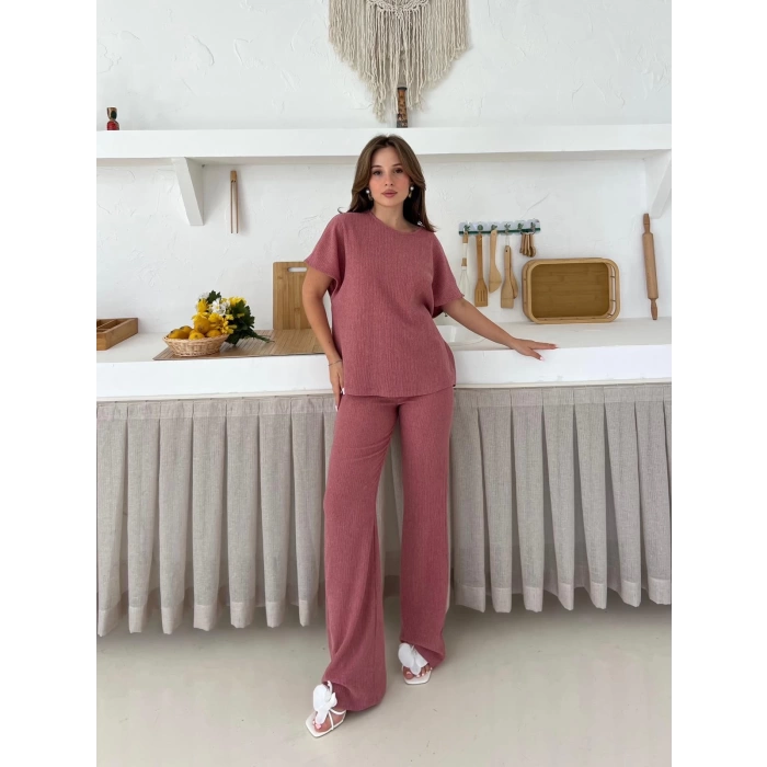 Gofre Kumaş Pantolonlu Takım Gül Kurusu
