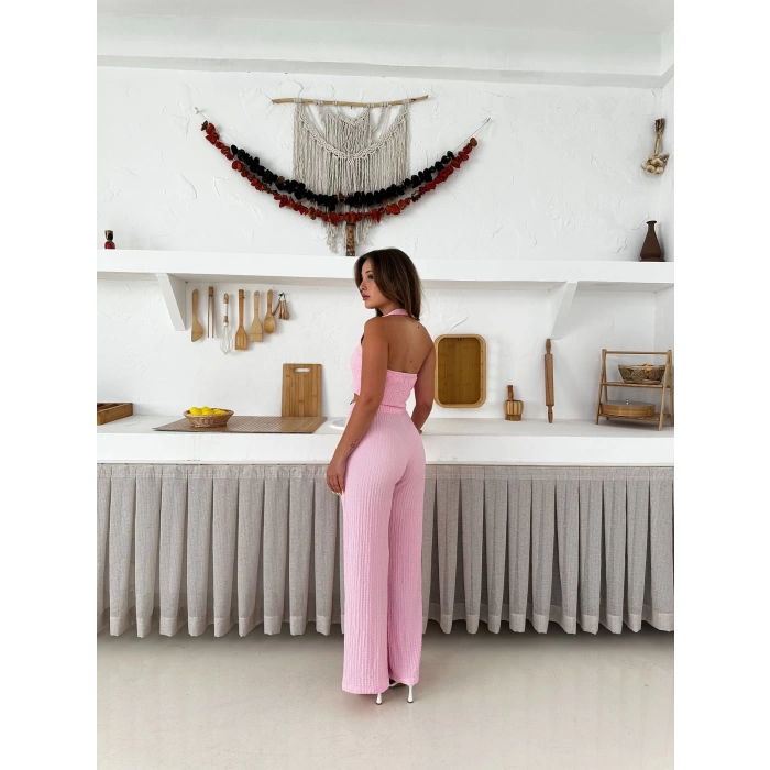Gofre Kumaş Sırt Detaylı İkili Takım Pembe