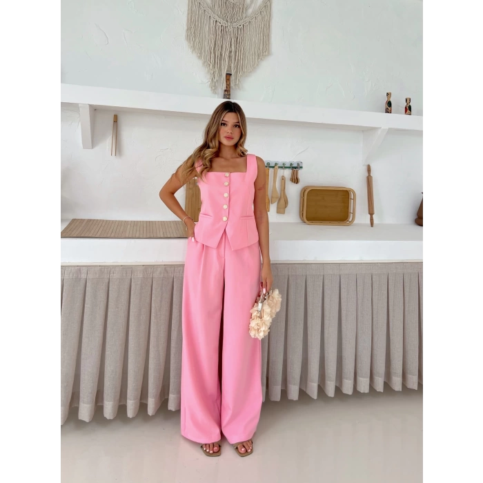 Gold Düğme Detaylı Yelekli Takım Pembe