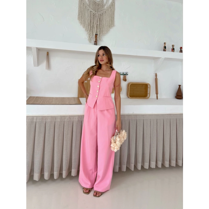 Gold Düğme Detaylı Yelekli Takım Pembe