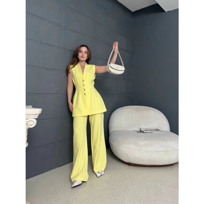 Gold Düğme Double Kumaş Takım Sarı
