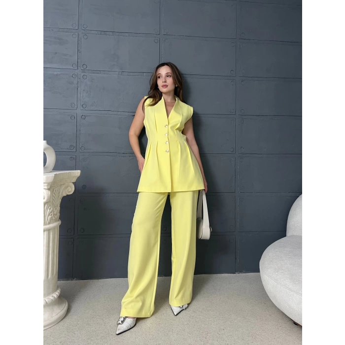 Gold Düğme Double Kumaş Takım Sarı