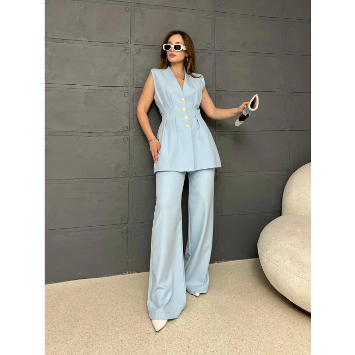 Gold Düğme Double Kumaş Takım Bebe Mavisi