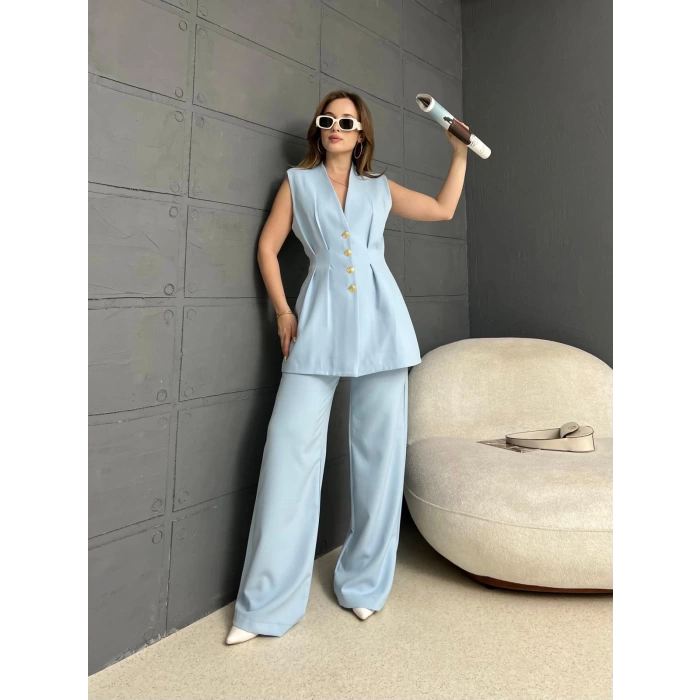 Gold Düğme Double Kumaş Takım Bebe Mavisi