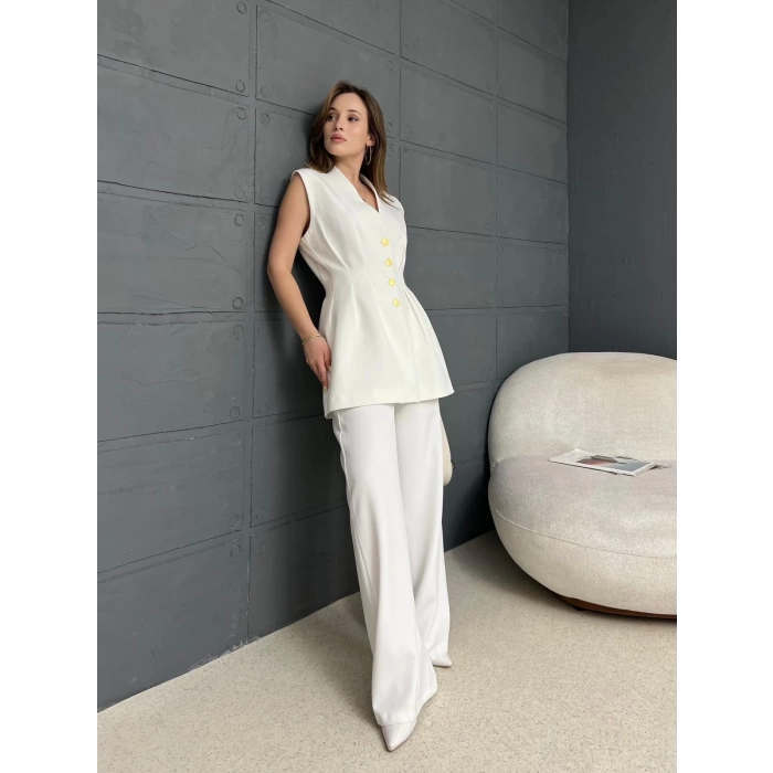 Gold Düğme Double Kumaş Takım Beyaz