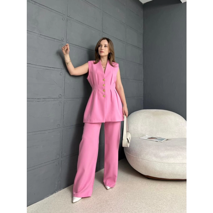 Gold Düğme Double Kumaş Takım Pembe