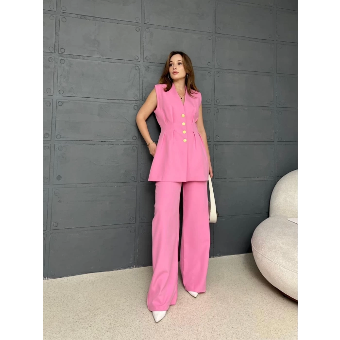 Gold Düğme Double Kumaş Takım Pembe