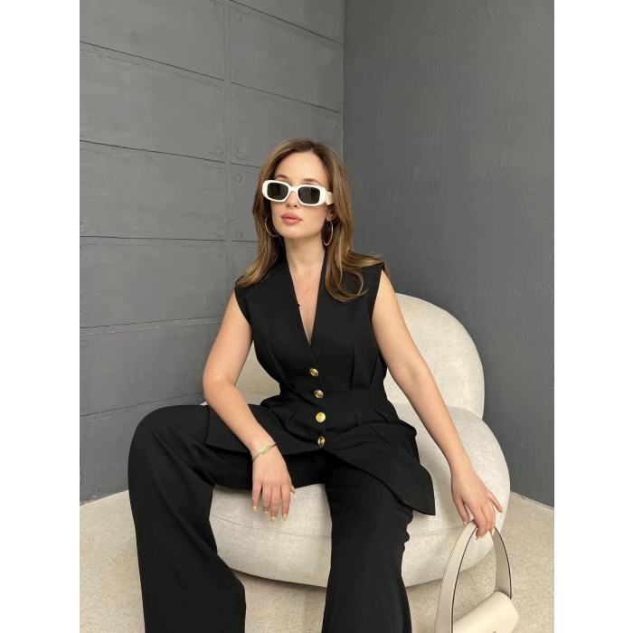 Gold Düğme Double Kumaş Takım Siyah
