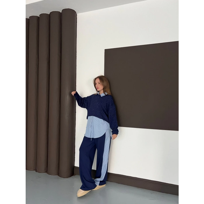 Gömlekli Taş Detaylı Üçlü Set Lacivert