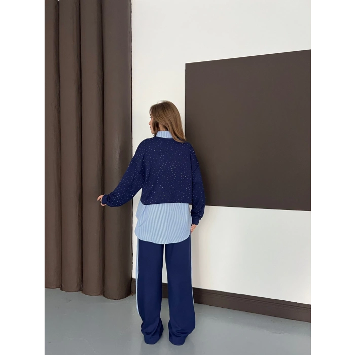 Gömlekli Taş Detaylı Üçlü Set Lacivert