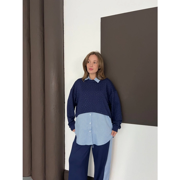 Gömlekli Taş Detaylı Üçlü Set Lacivert