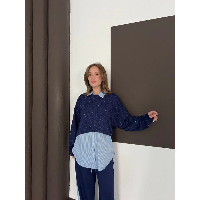 Gömlekli Taş Detaylı Üçlü Set Lacivert