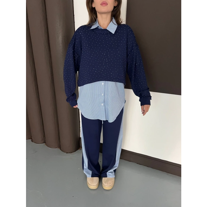 Gömlekli Taş Detaylı Üçlü Set Lacivert