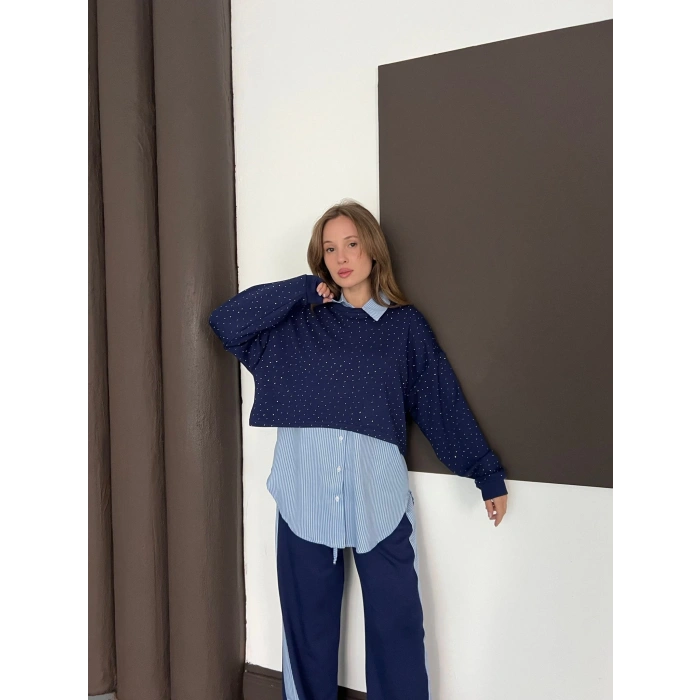 Gömlekli Taş Detaylı Üçlü Set Lacivert