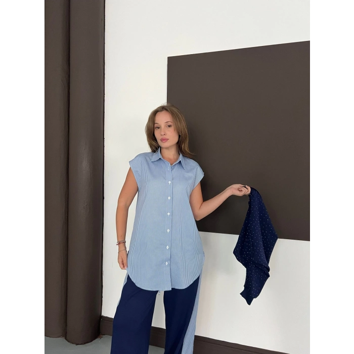 Gömlekli Taş Detaylı Üçlü Set Lacivert