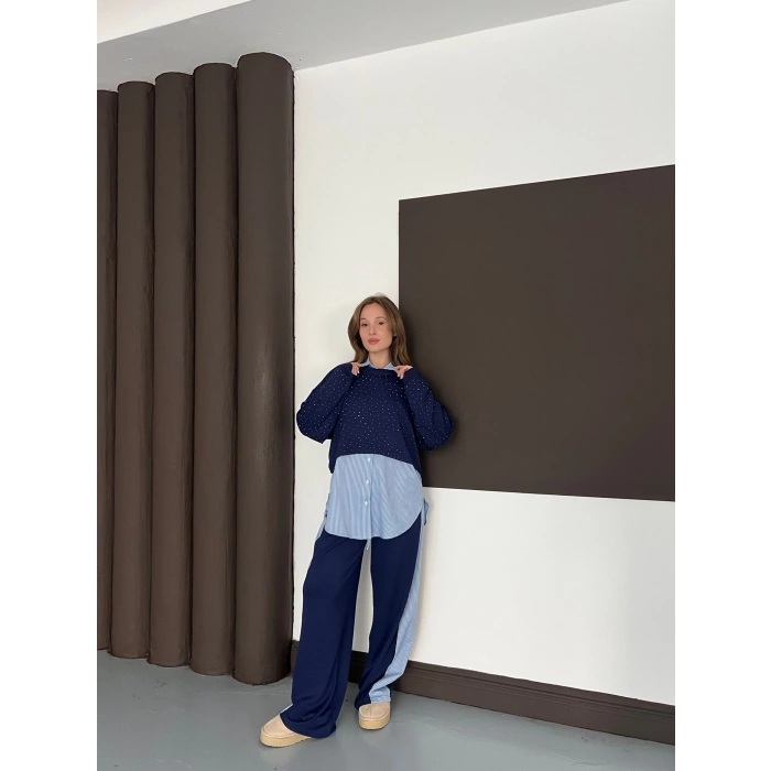 Gömlekli Taş Detaylı Üçlü Set Lacivert