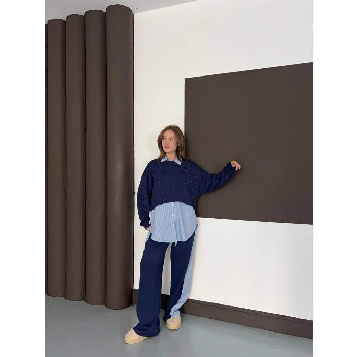 Gömlekli Taş Detaylı Üçlü Set Lacivert