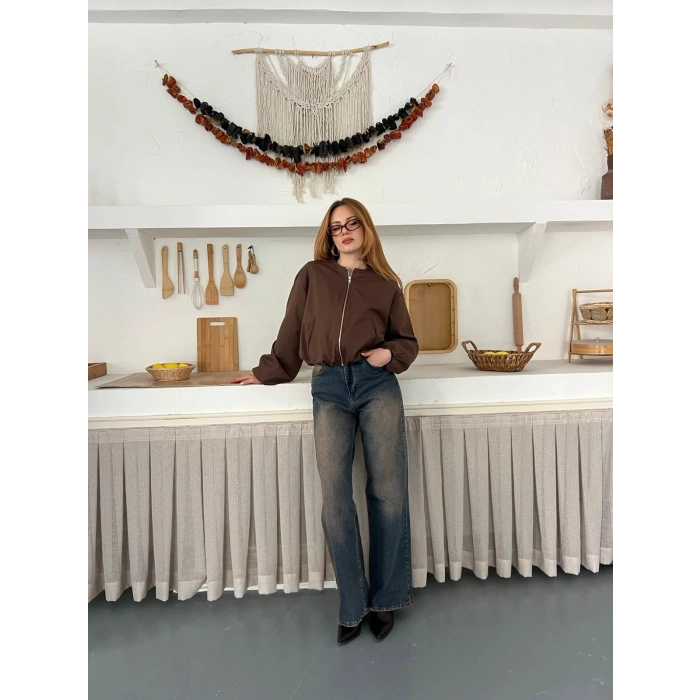 Hakim Yaka Fermuarlı Bomber Kaşe Ceket Acı Kahve