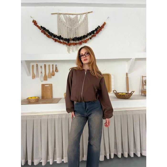 Hakim Yaka Fermuarlı Bomber Kaşe Ceket Acı Kahve