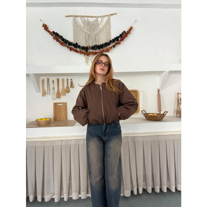 Hakim Yaka Fermuarlı Bomber Kaşe Ceket Acı Kahve