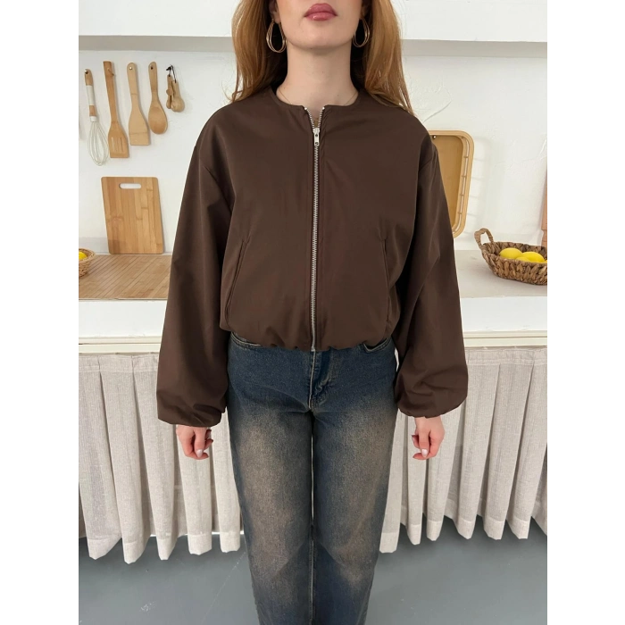Hakim Yaka Fermuarlı Bomber Kaşe Ceket Acı Kahve
