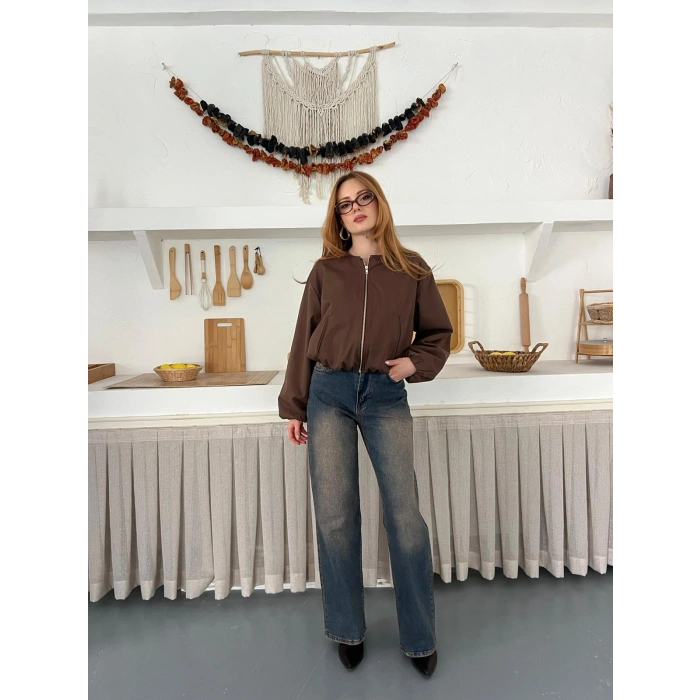 Hakim Yaka Fermuarlı Bomber Kaşe Ceket Acı Kahve