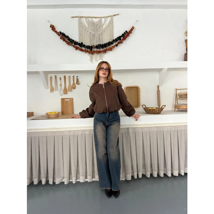 Hakim Yaka Fermuarlı Bomber Kaşe Ceket Acı Kahve