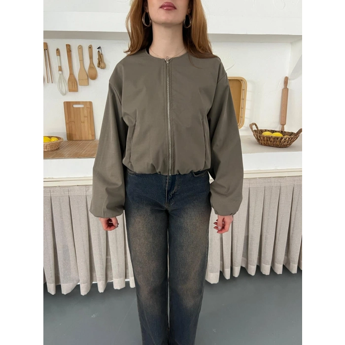 Hakim Yaka Fermuarlı Bomber Kaşe Ceket Haki
