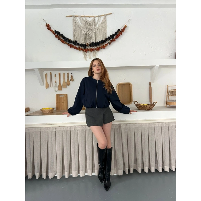 Hakim Yaka Fermuarlı Bomber Kaşe Ceket Lacivert