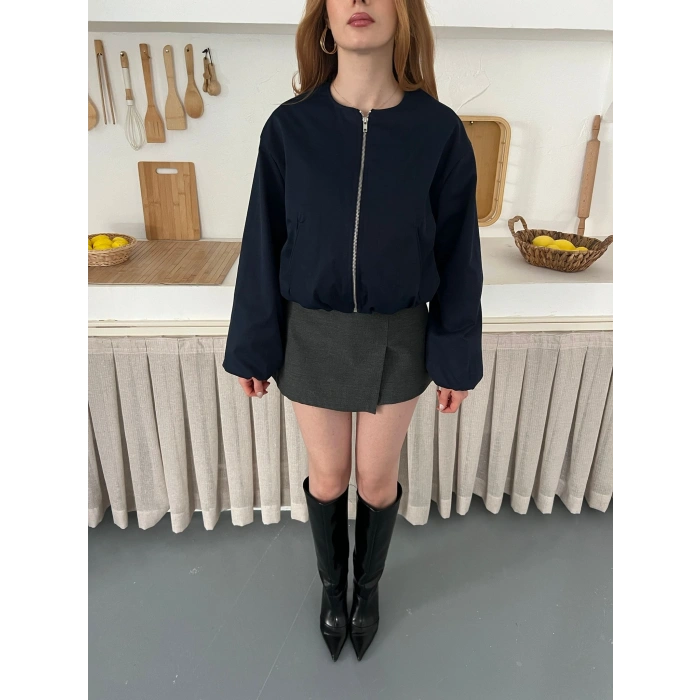 Hakim Yaka Fermuarlı Bomber Kaşe Ceket Lacivert