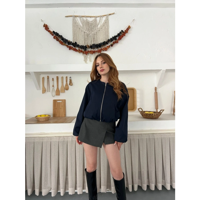 Hakim Yaka Fermuarlı Bomber Kaşe Ceket Lacivert