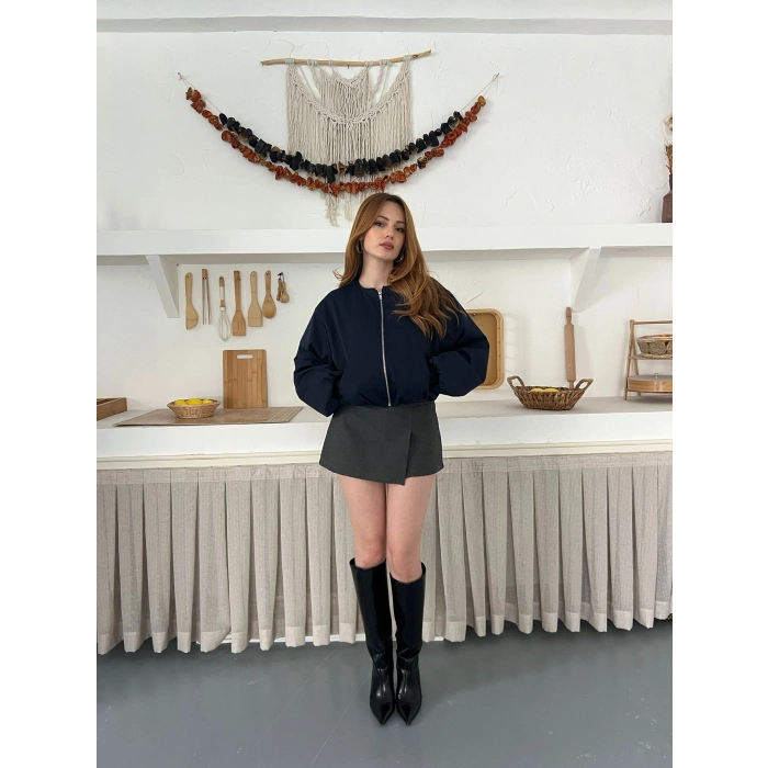 Hakim Yaka Fermuarlı Bomber Kaşe Ceket Lacivert