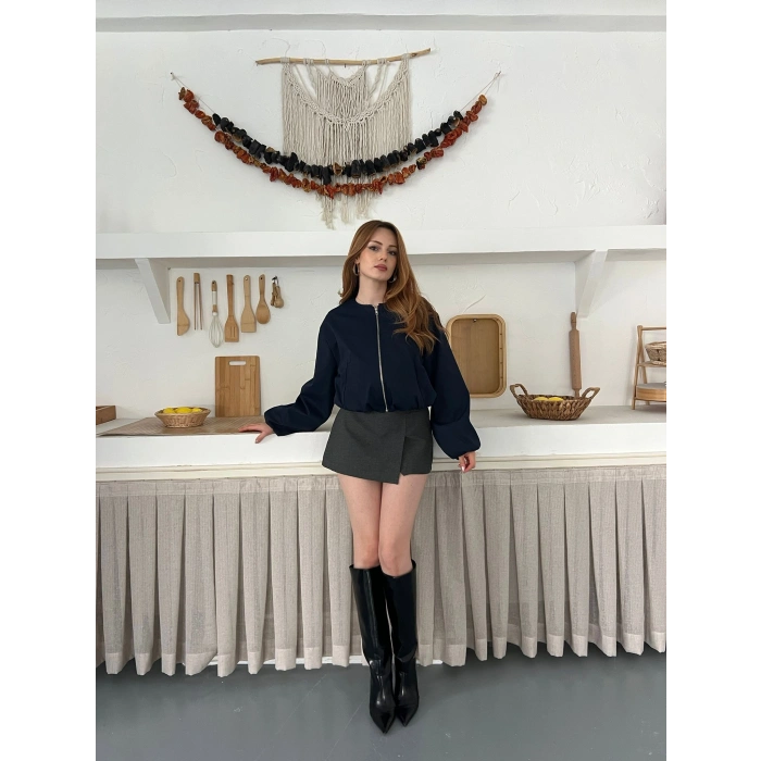 Hakim Yaka Fermuarlı Bomber Kaşe Ceket Lacivert