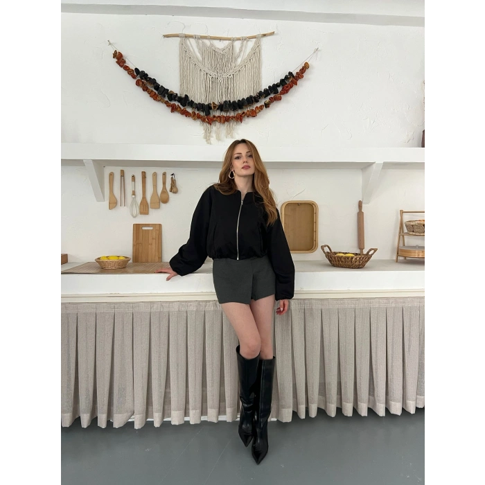 Hakim Yaka Fermuarlı Bomber Kaşe Ceket Siyah