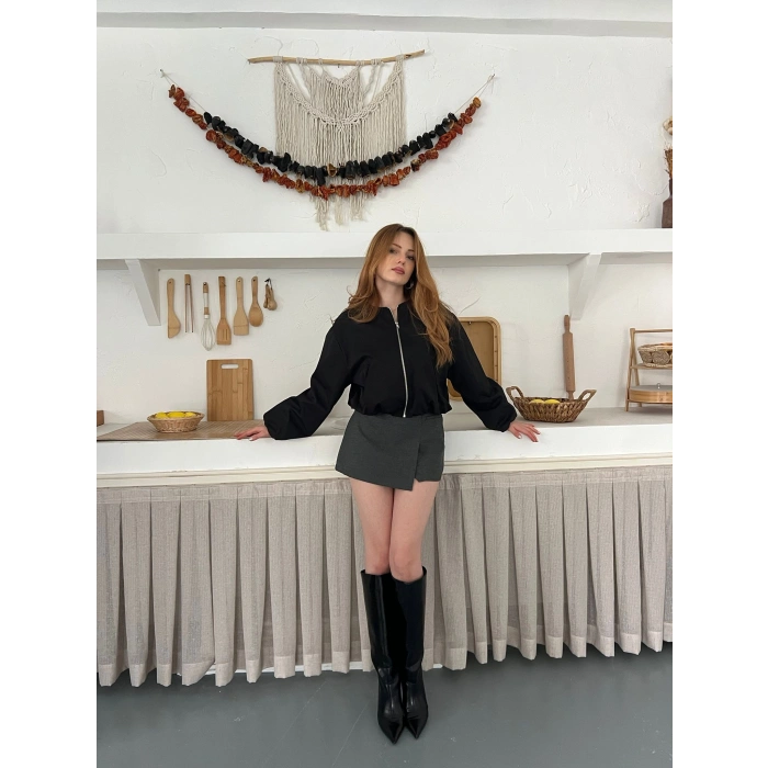 Hakim Yaka Fermuarlı Bomber Kaşe Ceket Siyah