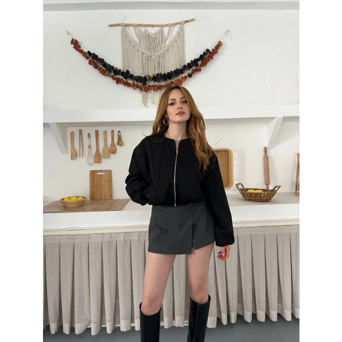 Hakim Yaka Fermuarlı Bomber Kaşe Ceket Siyah