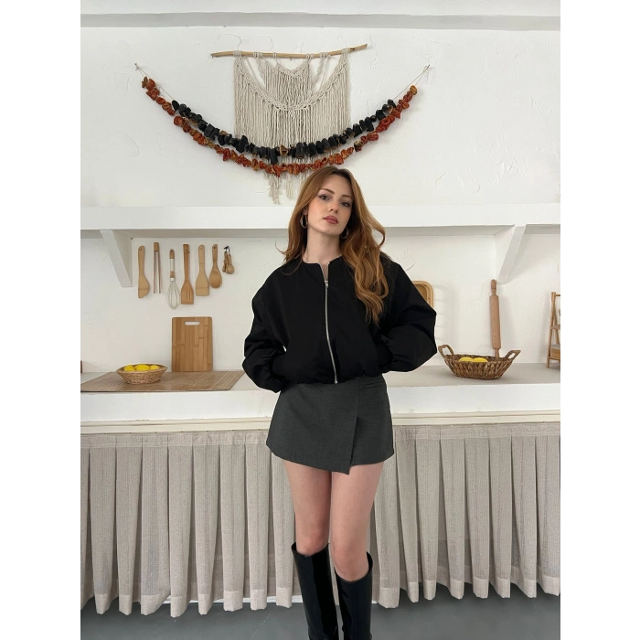 Hakim Yaka Fermuarlı Bomber Kaşe Ceket Siyah