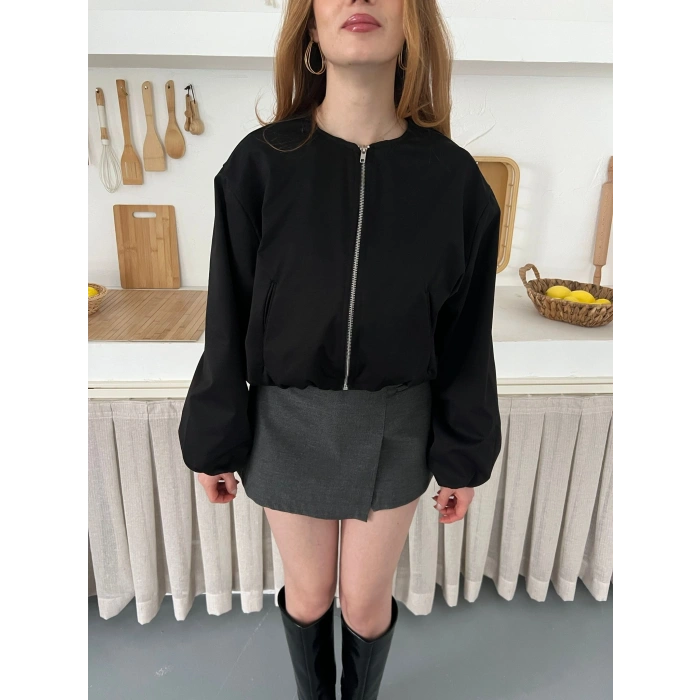Hakim Yaka Fermuarlı Bomber Kaşe Ceket Siyah