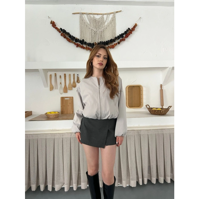 Hakim Yaka Fermuarlı Bomber Kaşe Ceket Taş