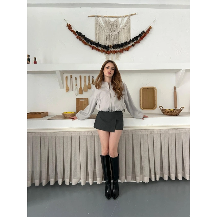 Hakim Yaka Fermuarlı Bomber Kaşe Ceket Taş