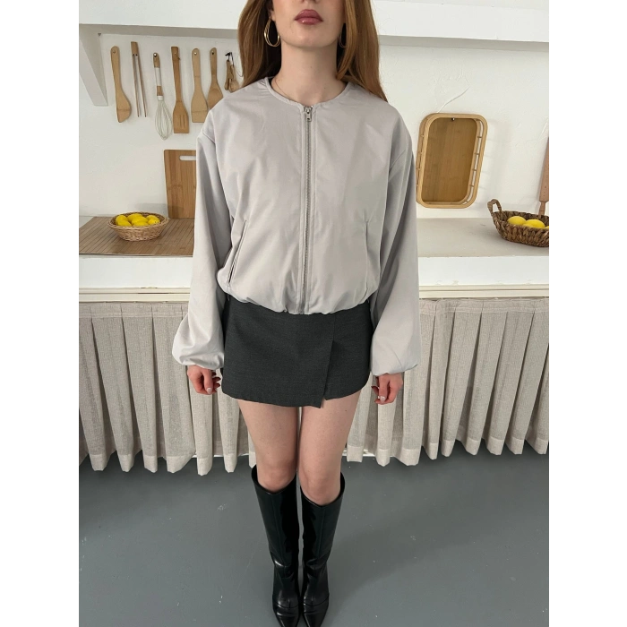 Hakim Yaka Fermuarlı Bomber Kaşe Ceket Taş