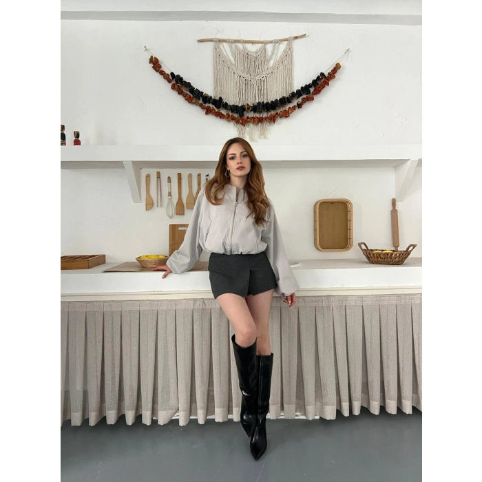 Hakim Yaka Fermuarlı Bomber Kaşe Ceket Taş