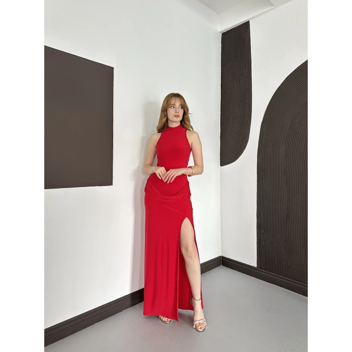 Halter Yaka Bel Detaylı Yırmaçlı Sandy Elbise Kırmızı