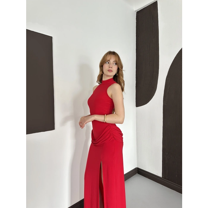 Halter Yaka Bel Detaylı Yırmaçlı Sandy Elbise Kırmızı